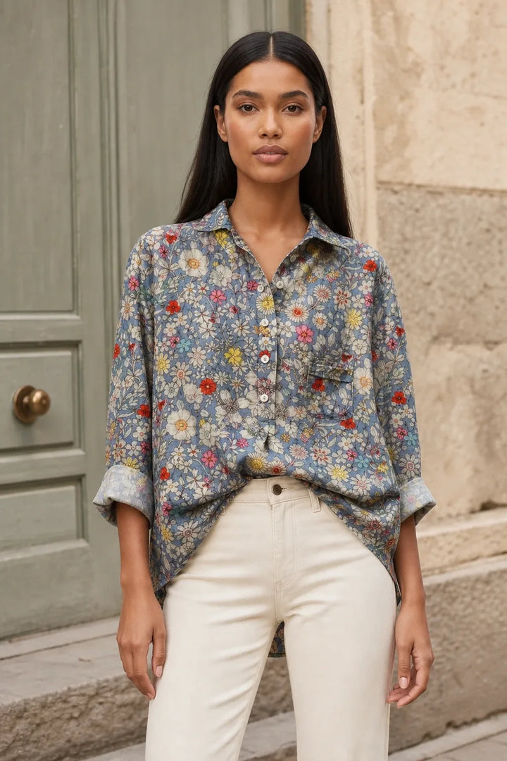 Floral print blouse in an eleventh colorway on a model in a contrapposto stance