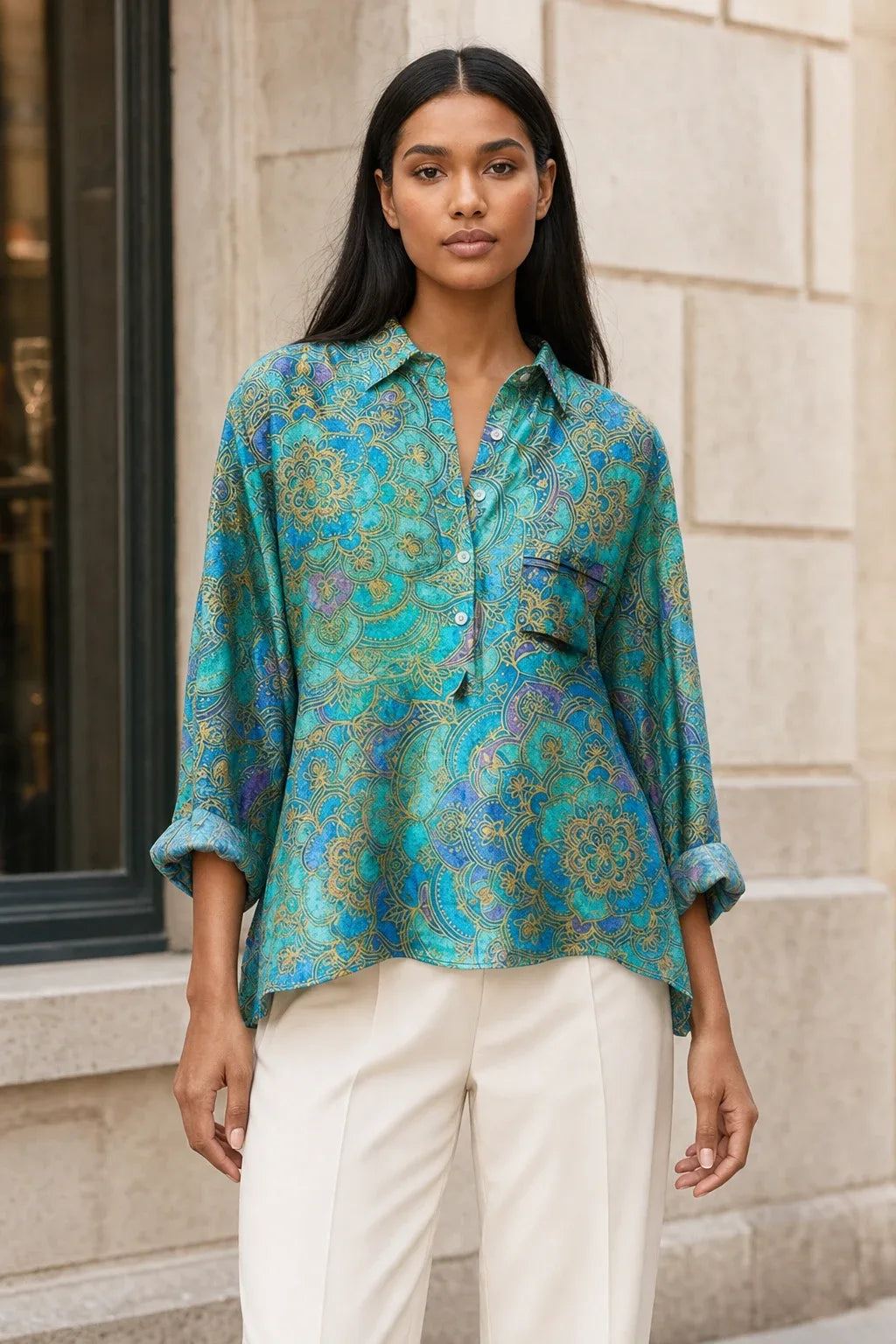 Floral print blouse in a sixth colorway on a model in a contrapposto stance