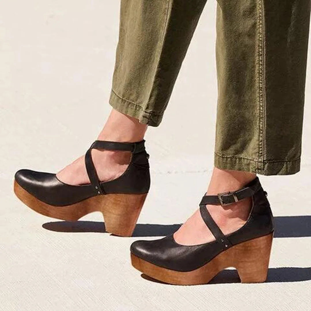 Black cross strap clog heel with chunky sole, front view