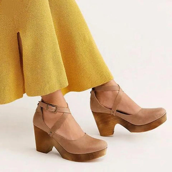 Khaki cross strap clog heel with chunky sole, front view