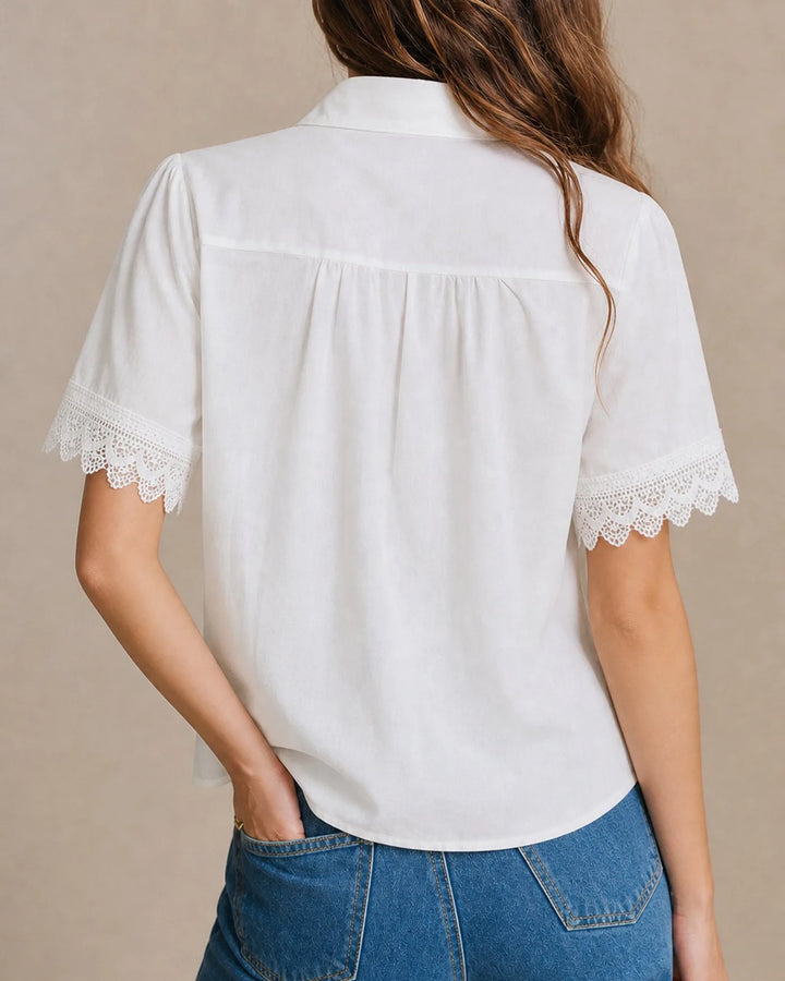 White lace trim blouse on model, alternate view