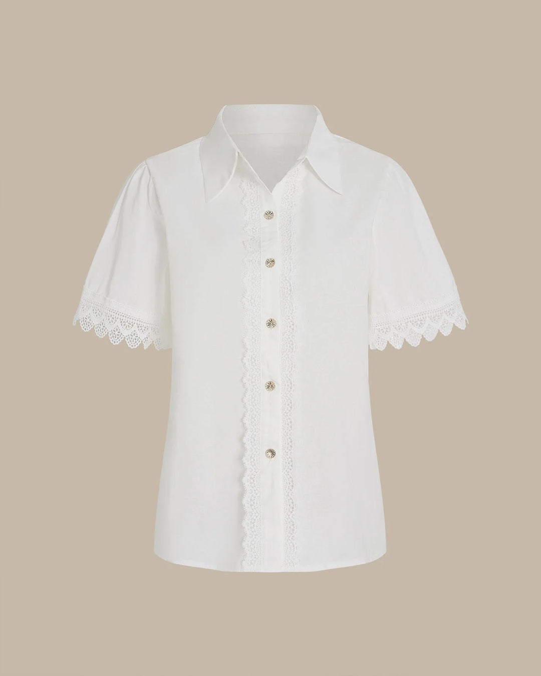 White lace trim blouse on model, full-length view