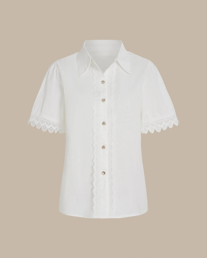 White lace trim blouse on model, full-length view