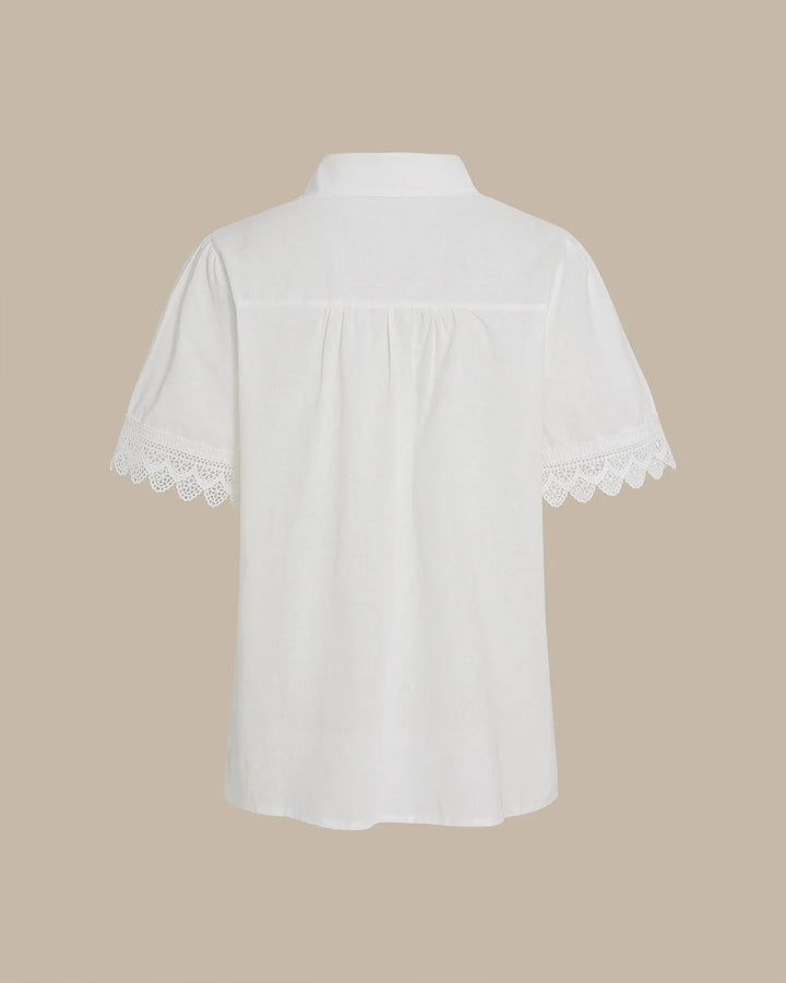 White lace trim blouse styled on model