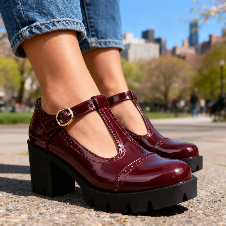 Burgundy T-bar brogue Mary Jane shoe, styled flat lay or overhead angle view
