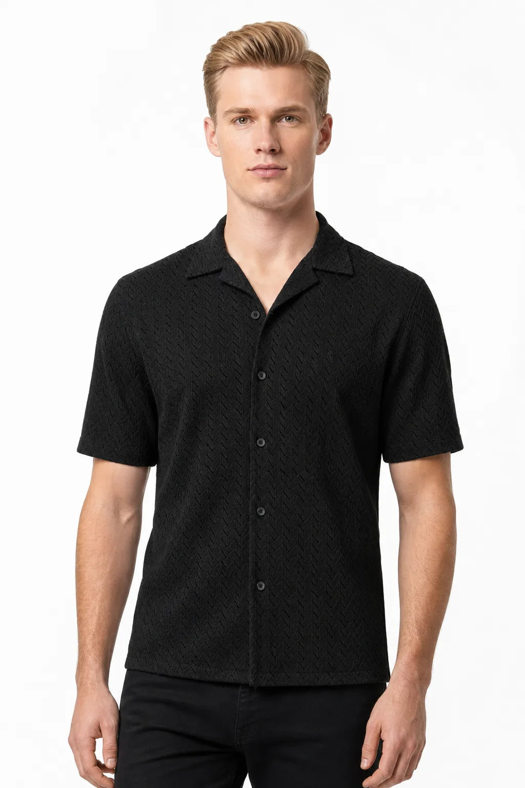 Black chevron knit camp shirt on model in contrapposto stance