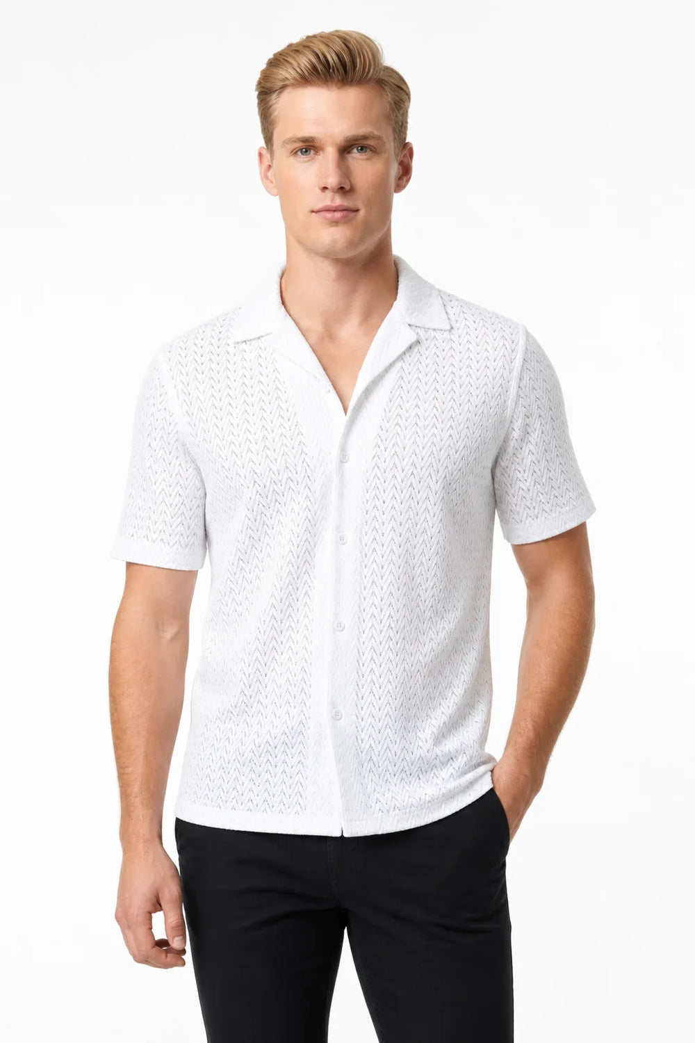White chevron knit camp shirt on model in contrapposto stance