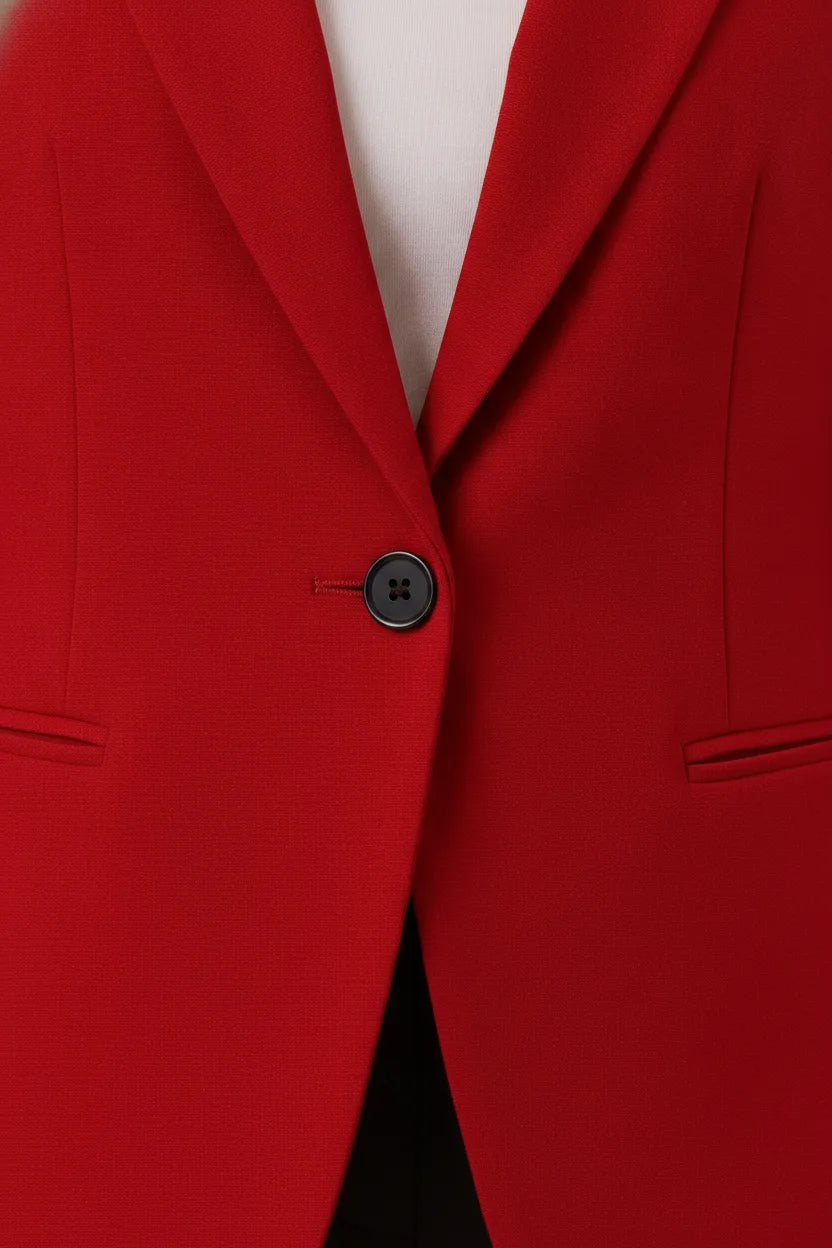 Close-up detail of a dark red open-front blazer showing notch lapel and fabric texture