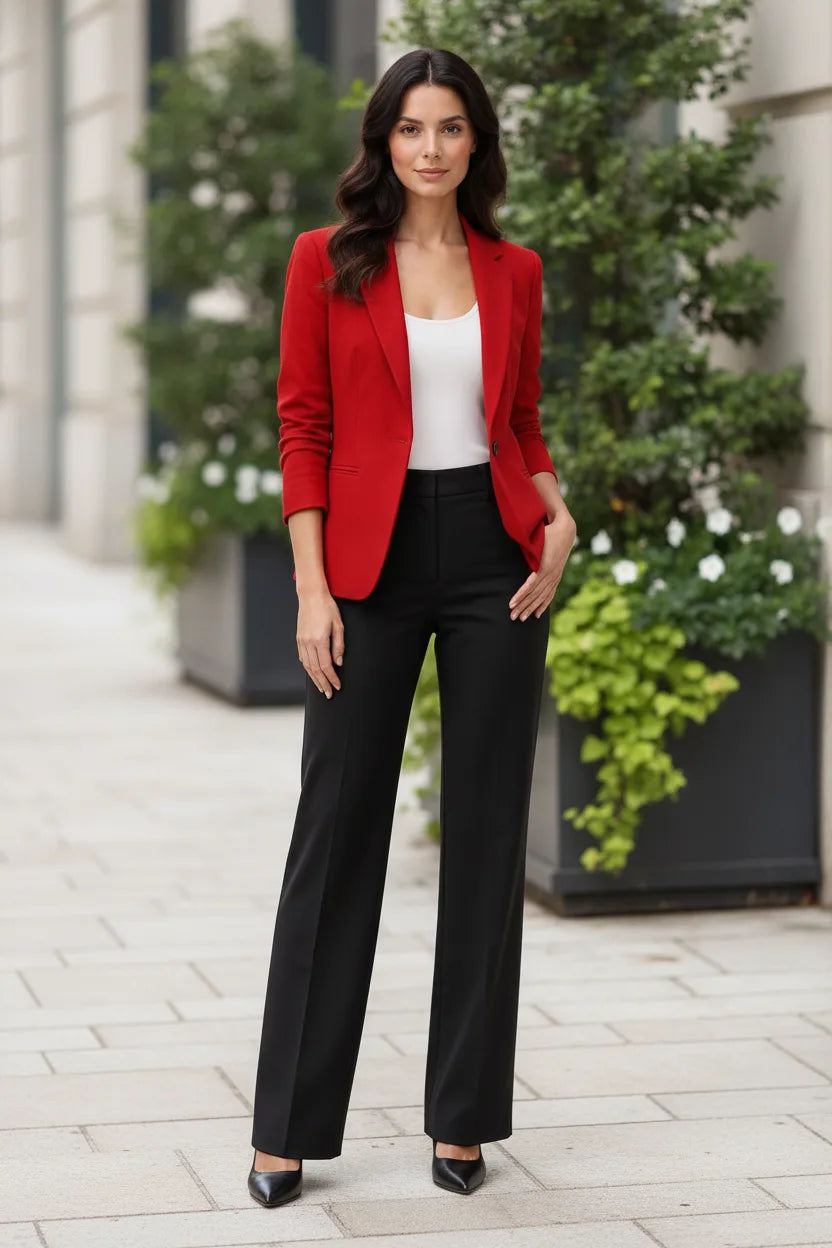 Dark red open-front notch lapel blazer displayed on a model outside a storefront