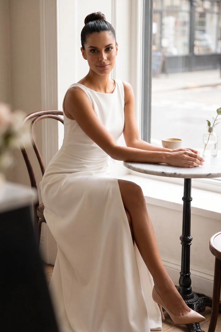 Model in white ruched gown with slit in a second outdoor lifestyle setting