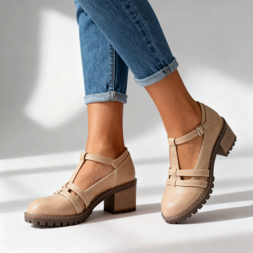 Beige t-strap block heel loafer, close-up detail of strap and toe
