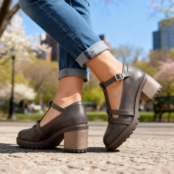 Black t-strap block heel loafer, heel view showing block heel height