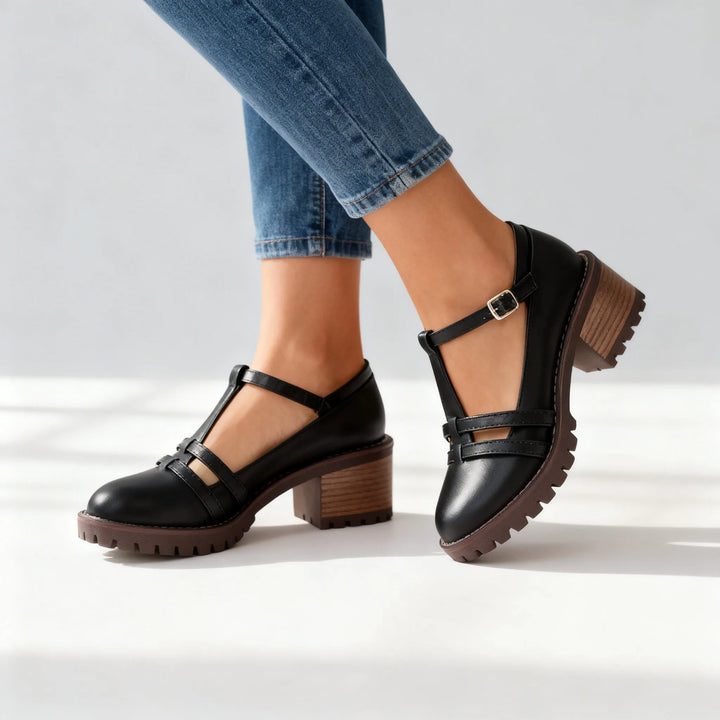 Black t-strap block heel loafer, front view