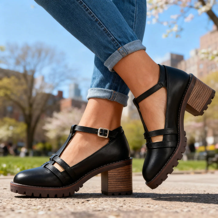 Black t-strap block heel loafer, side profile view