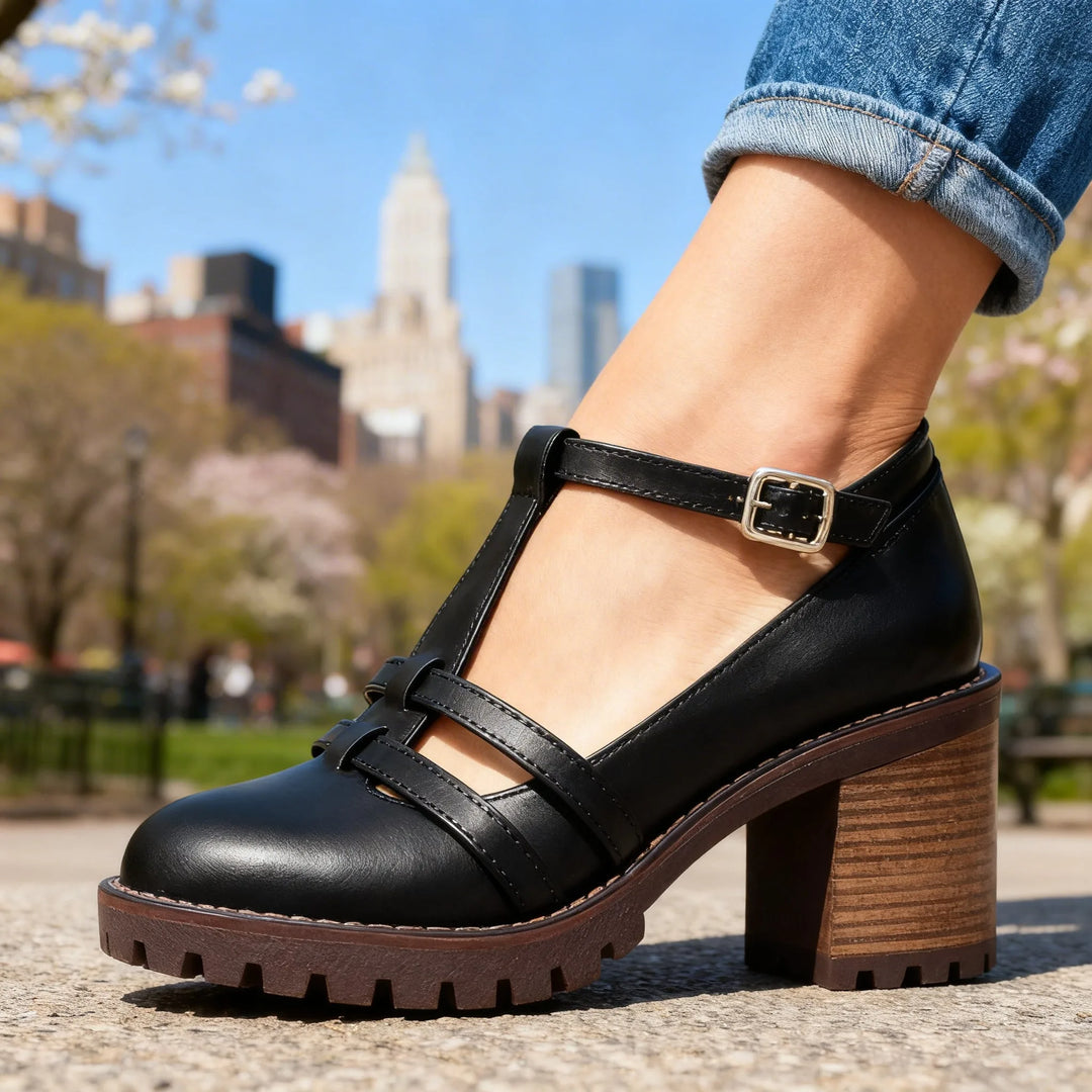 Black t-strap block heel loafer