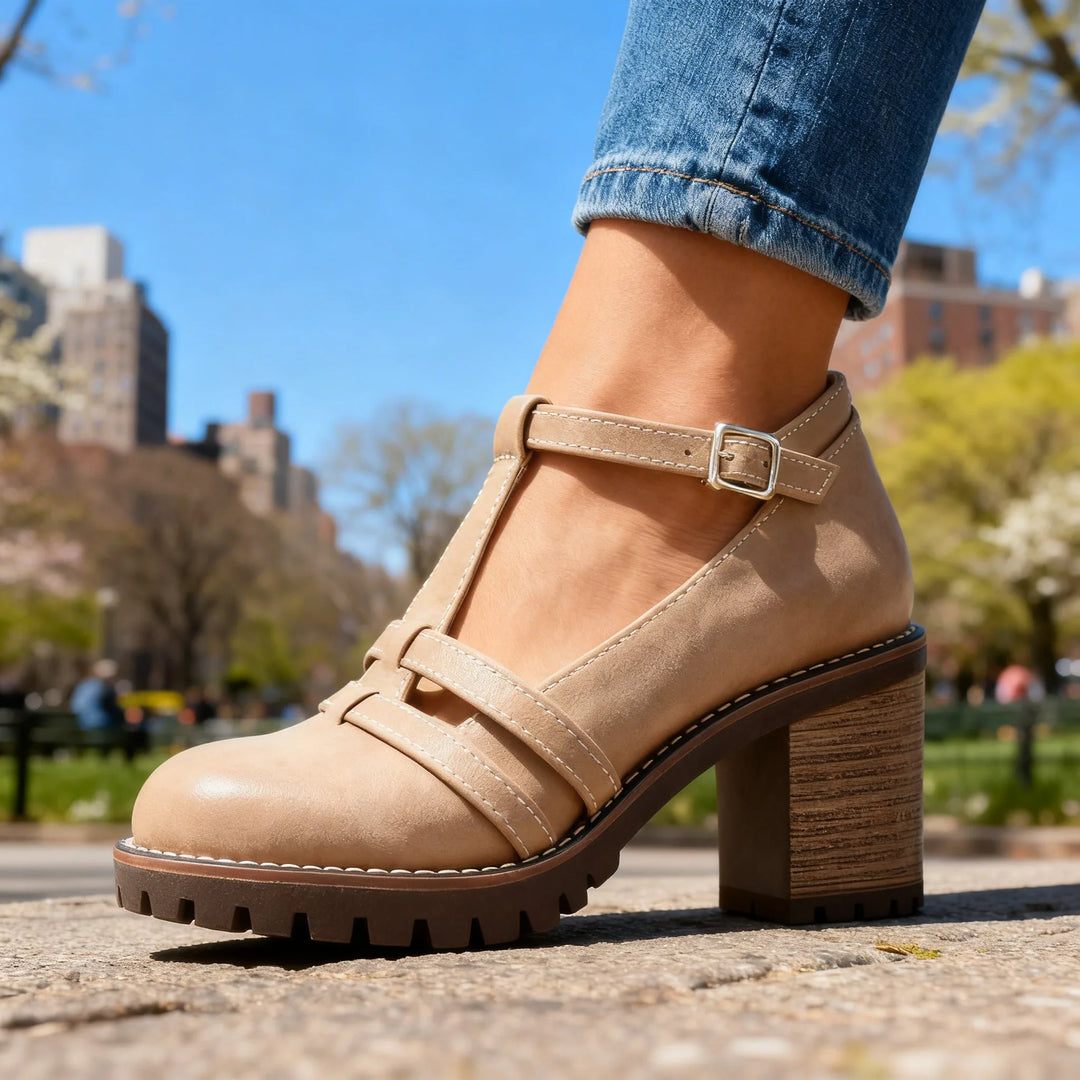 Black t-strap block heel loafer