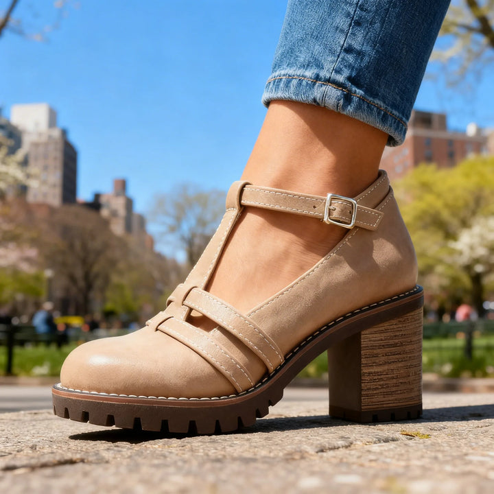Black t-strap block heel loafer