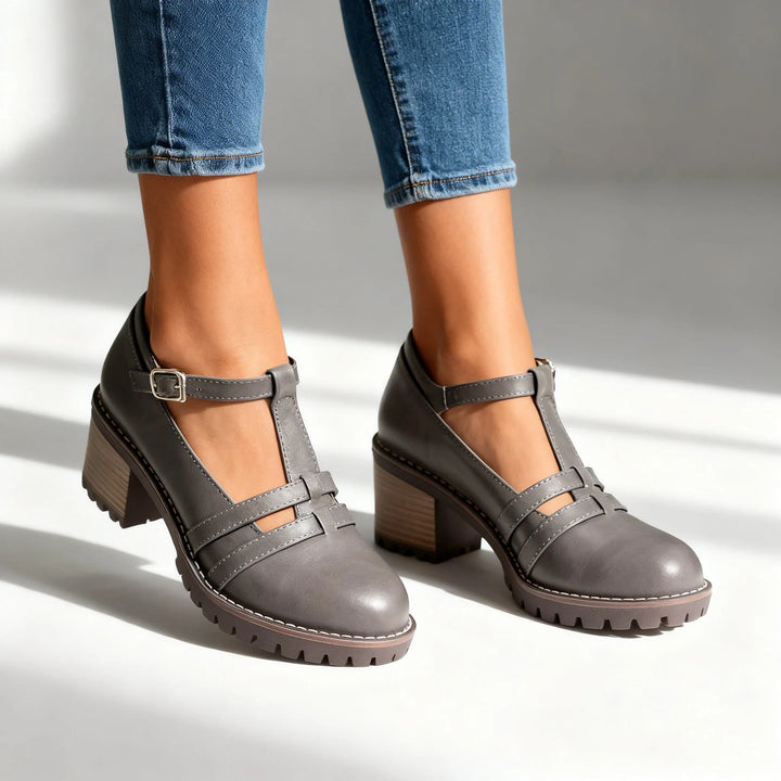 Gray t-strap block heel loafer