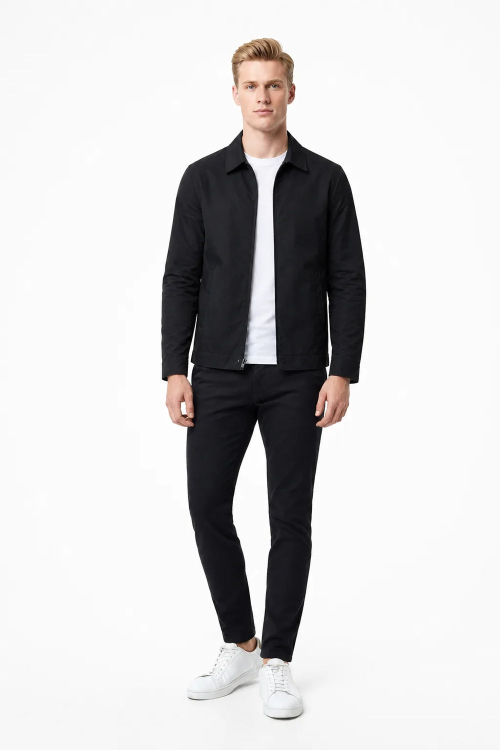 Black gingham-lined harrington jacket on a standing model in contrapposto stance