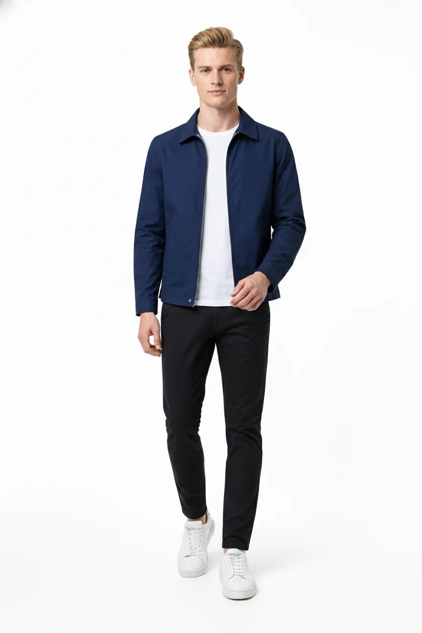 Blue gingham-lined harrington jacket on a model in natural relaxed movement