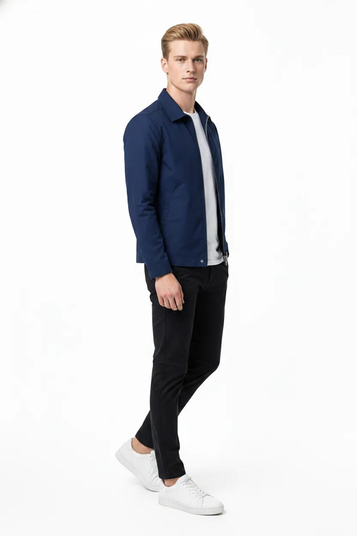 Blue gingham-lined harrington jacket on a model in a three-quarter turn