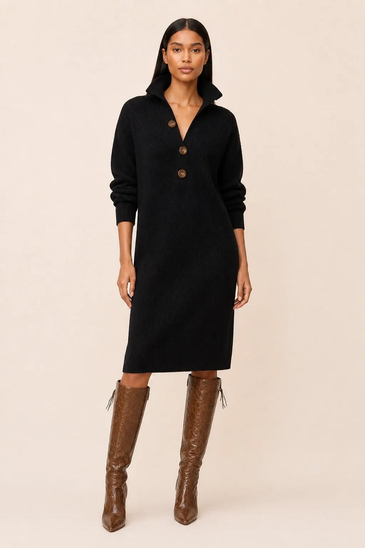 Black ribbed button-front midi dress on a model in a contrapposto stance