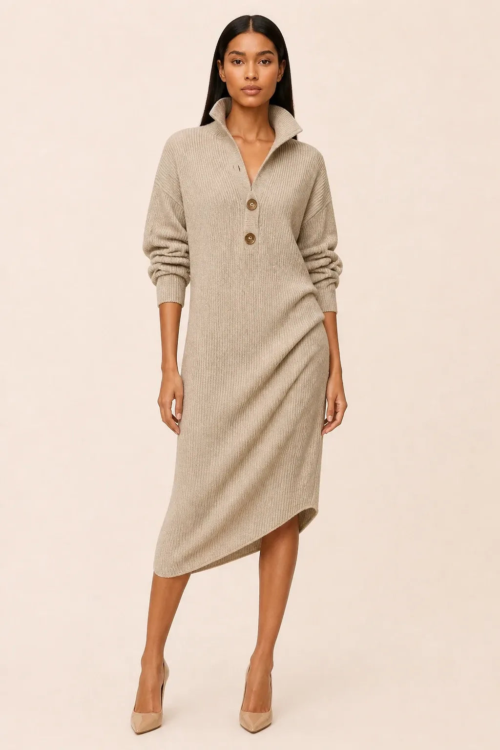 Khaki ribbed button-front midi dress on a model in a contrapposto stance