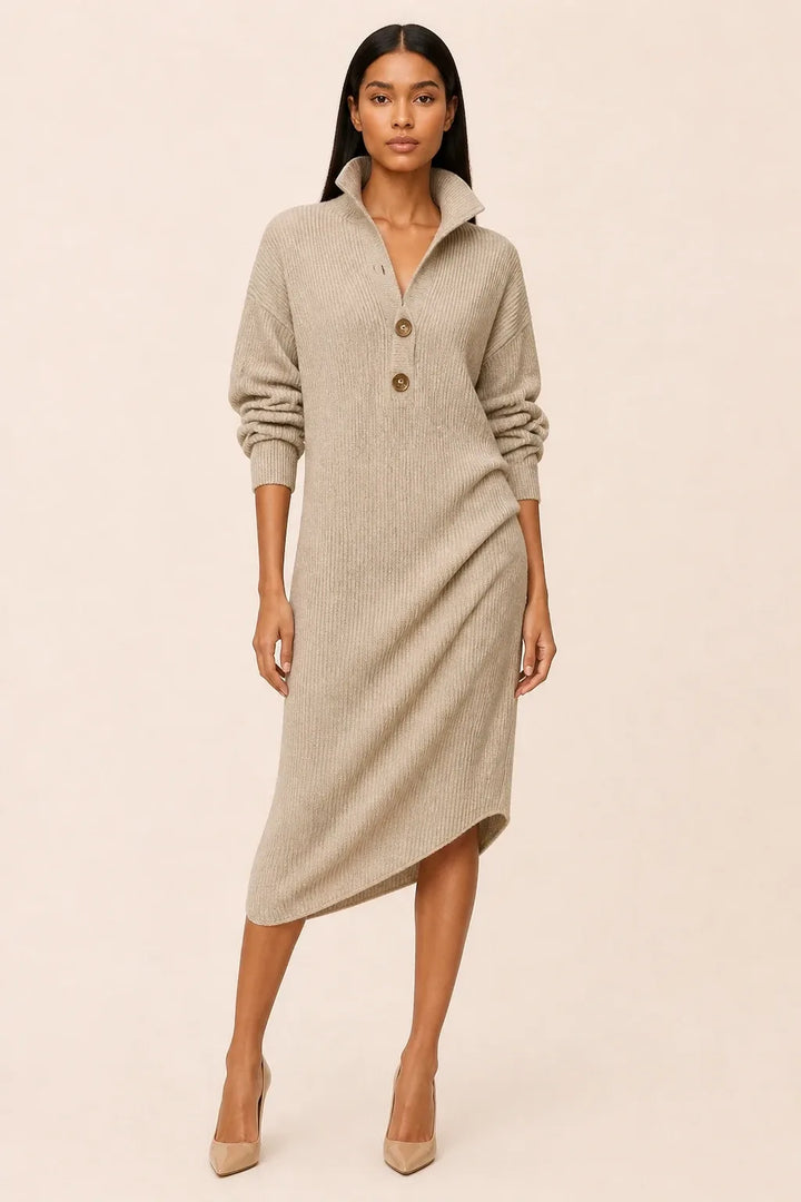 Khaki ribbed button-front midi dress on a model in a contrapposto stance