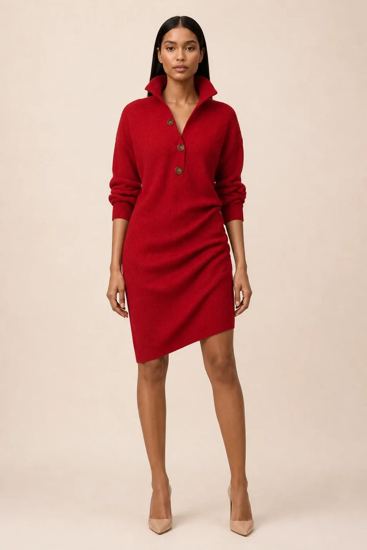 Red ribbed button-front midi dress on a model in a contrapposto stance