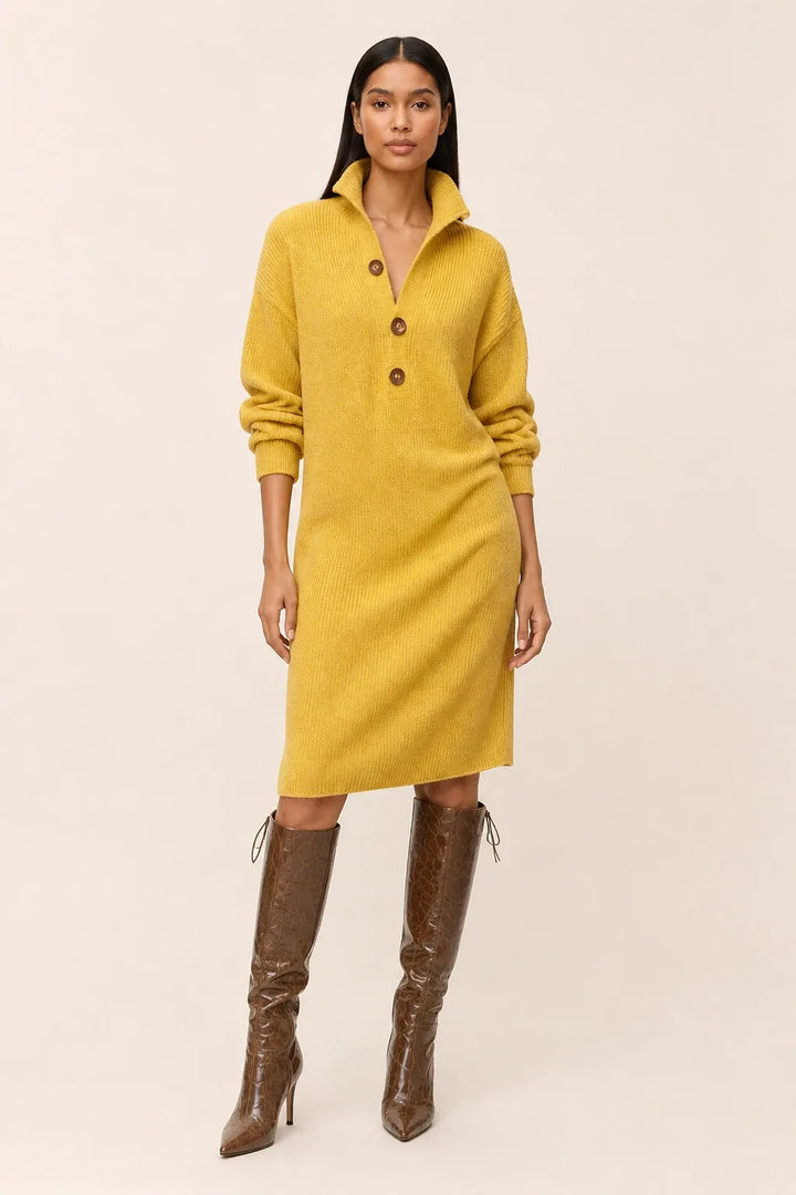 Yellow ribbed button-front midi dress on a model in a contrapposto stance