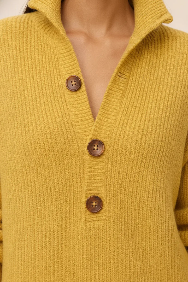 Close-up detail of a yellow ribbed button-front midi dress