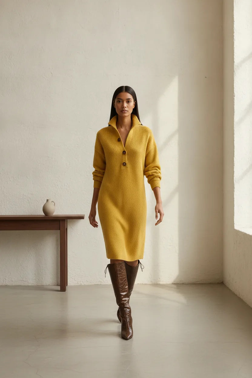 Yellow ribbed button-front midi dress worn by a model posed outside a storefront