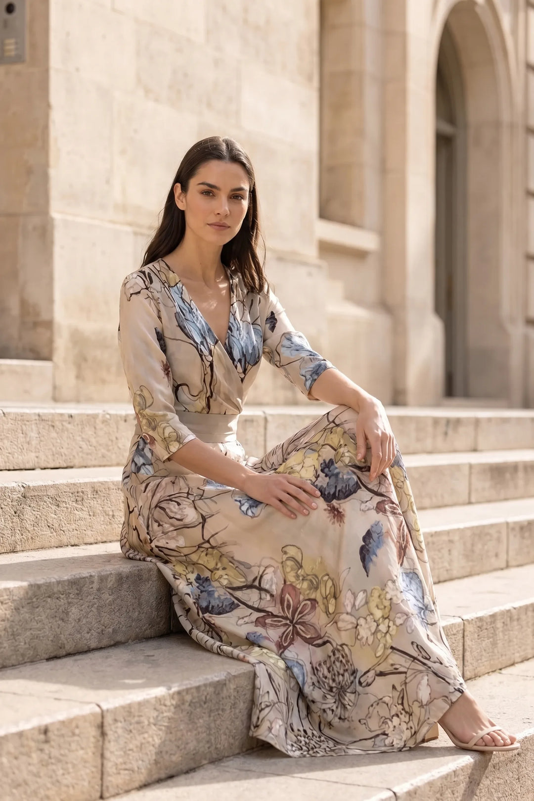 Model wearing floral wrap maxi dress in second outdoor lifestyle setting