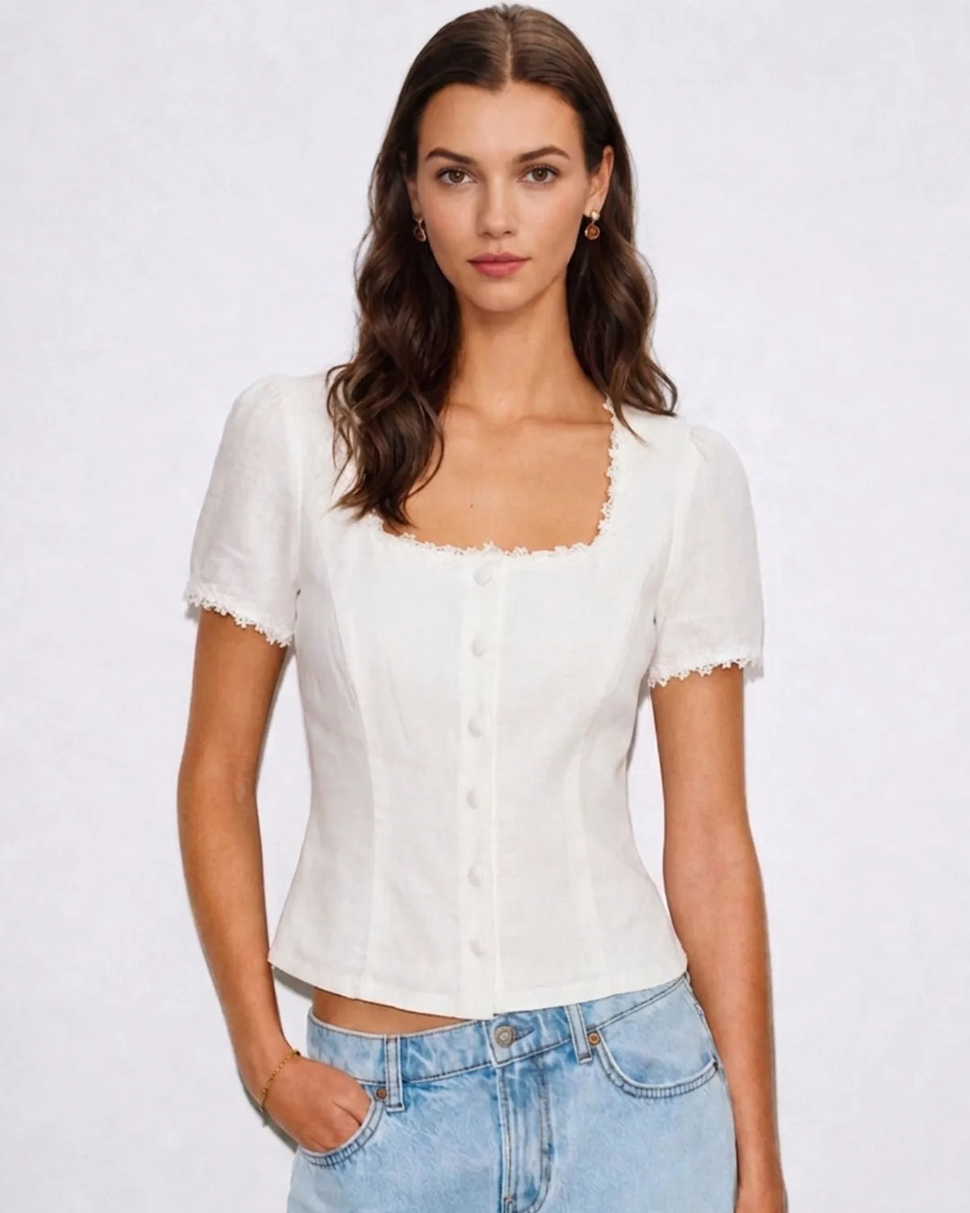 White lace trim button blouse, model facing forward