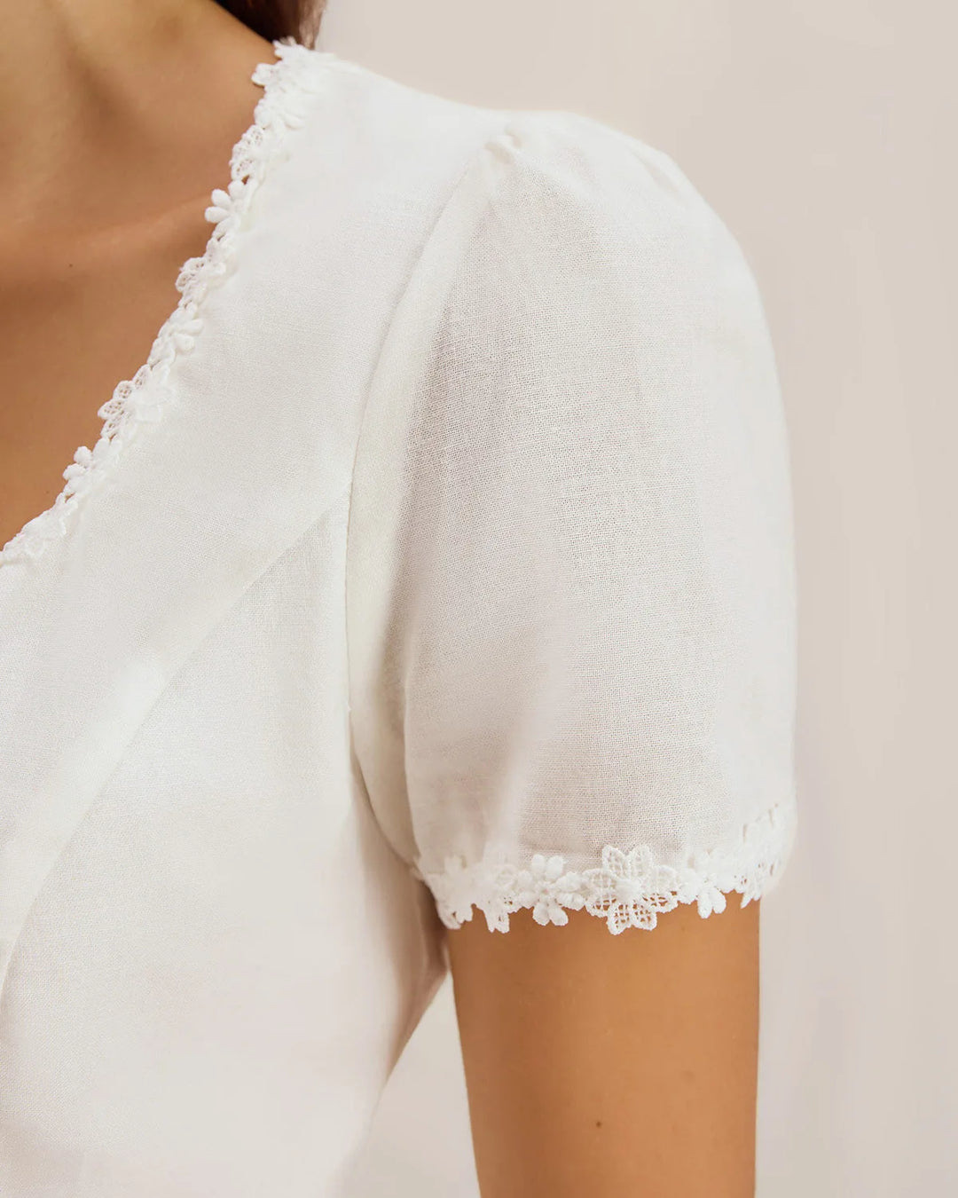 White lace trim button blouse, model in side profile