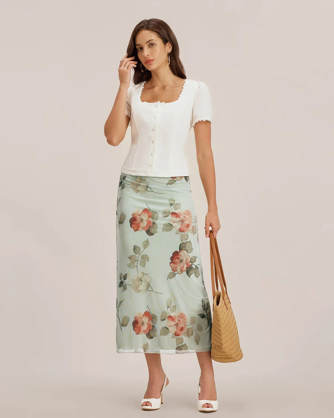 White lace trim button blouse, model in relaxed front-facing pose