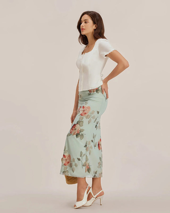 White lace trim button blouse, model in casual standing pose