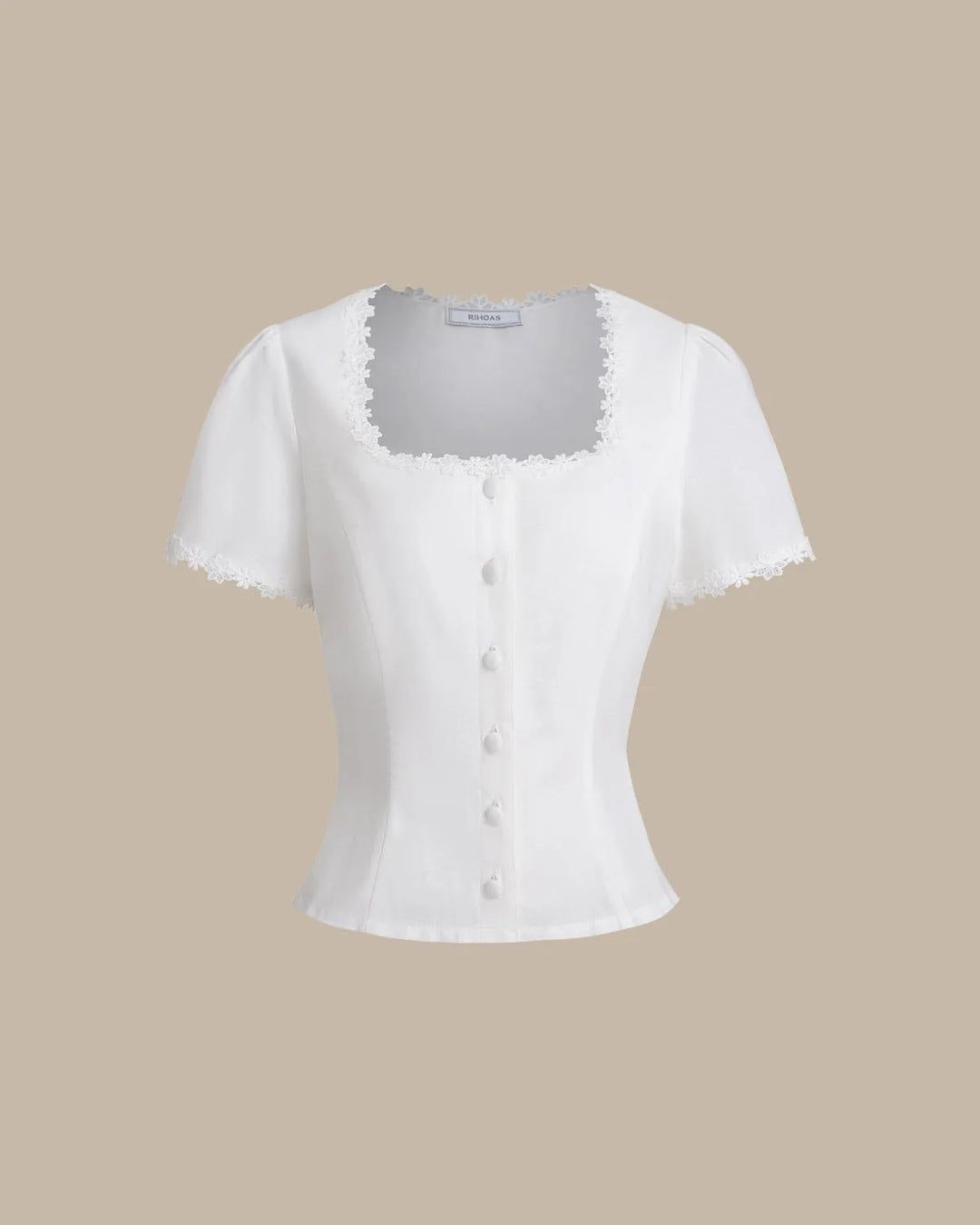 White lace trim button blouse, styled outfit view from front