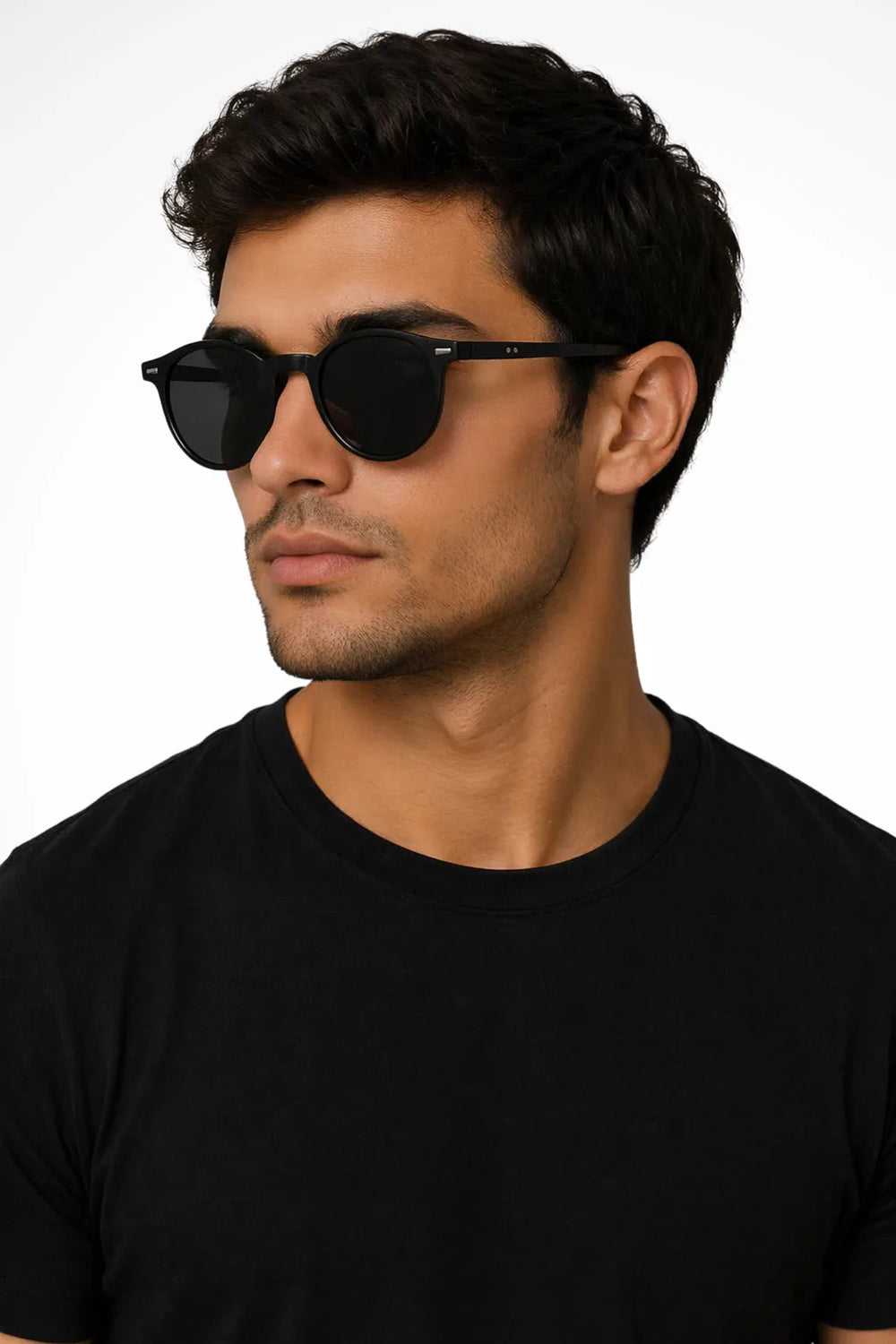 Round sand black acetate retro sunglasses shown from the front