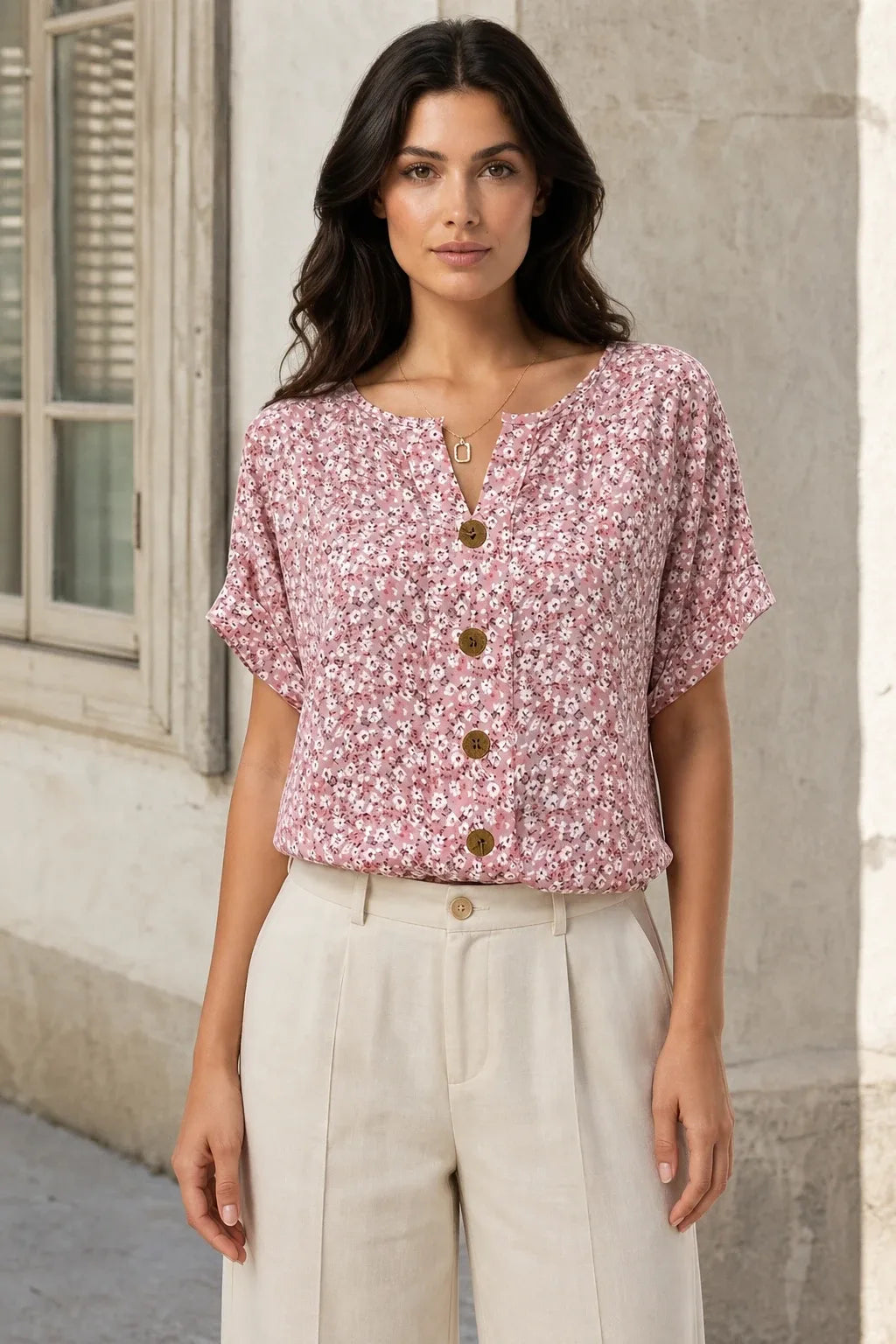 Ditsy floral button blouse on a model in a contrapposto stance