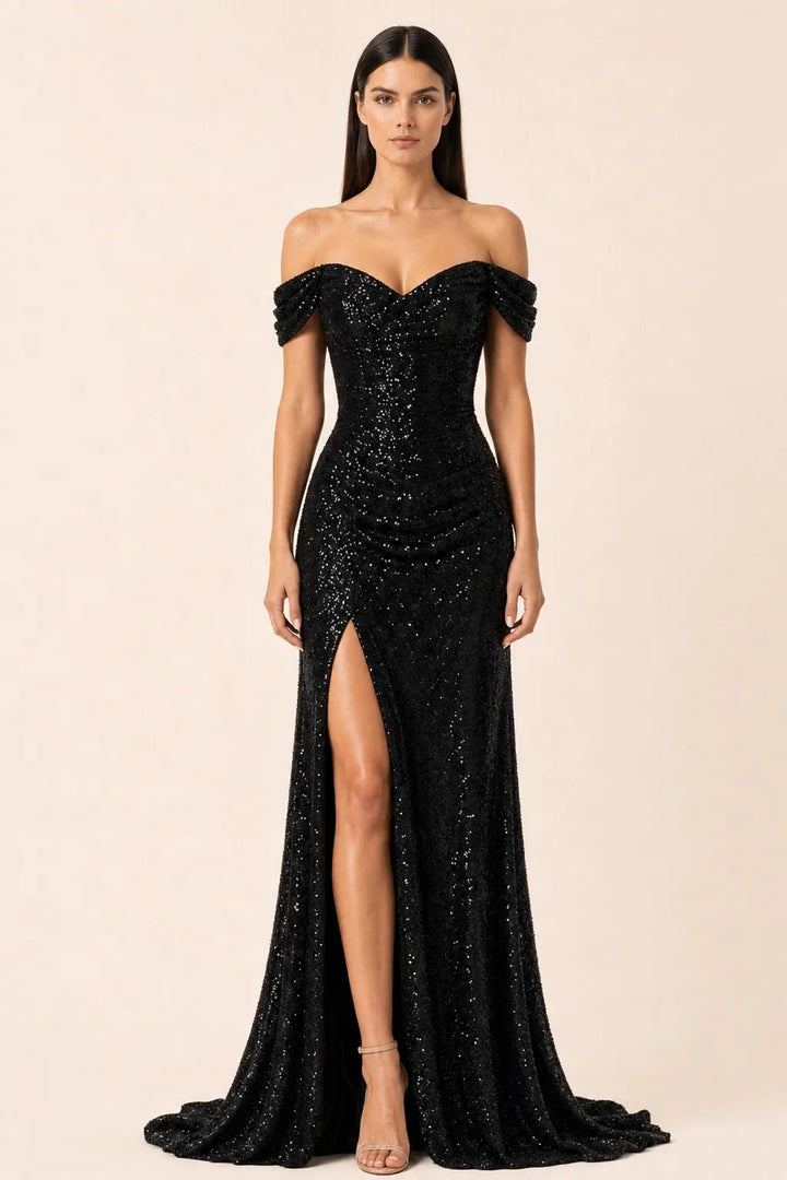 Black sequin ruched gown on a model in a contrapposto stance
