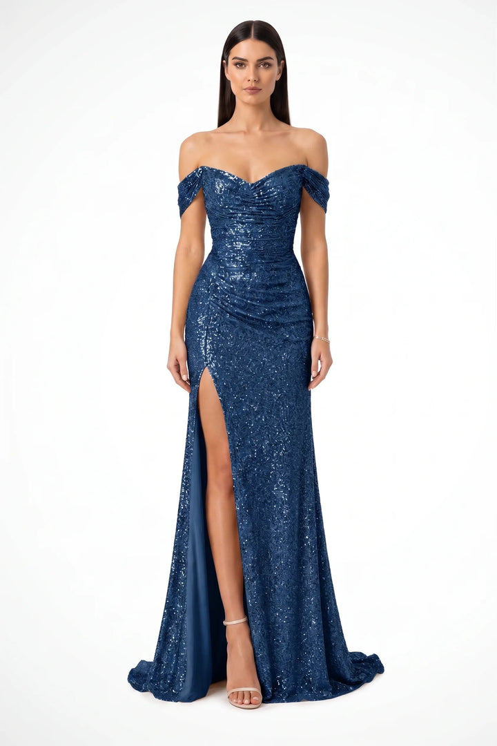 Blue sequin ruched gown on a model in a contrapposto stance