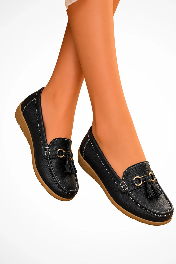 Black tassel detail loafer, front view