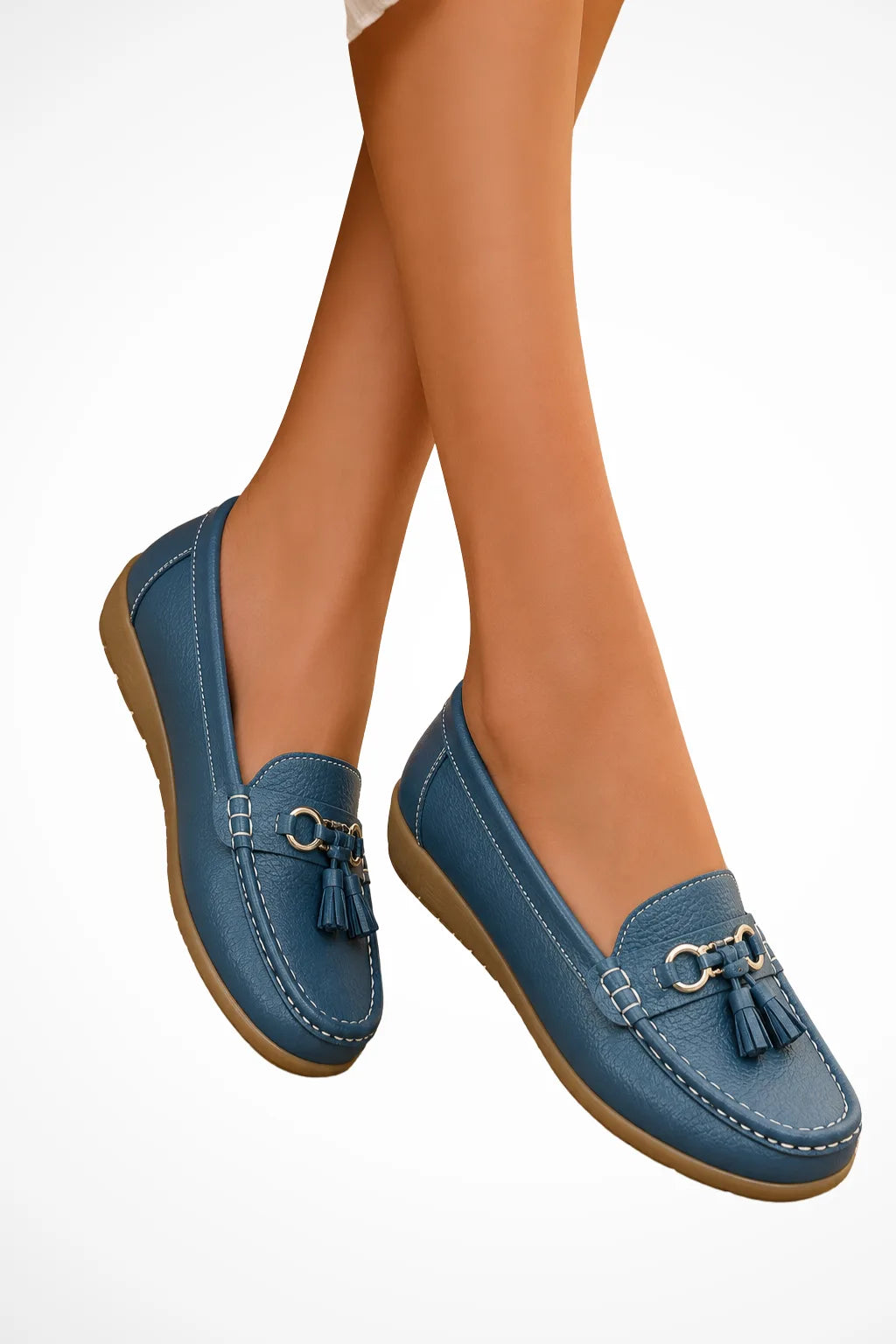 Blue tassel detail loafer, front view