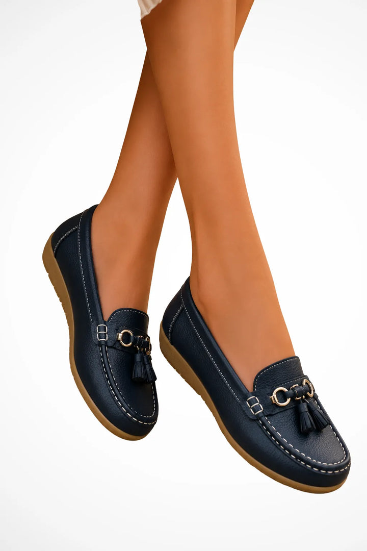 Dark blue tassel detail loafer, front view