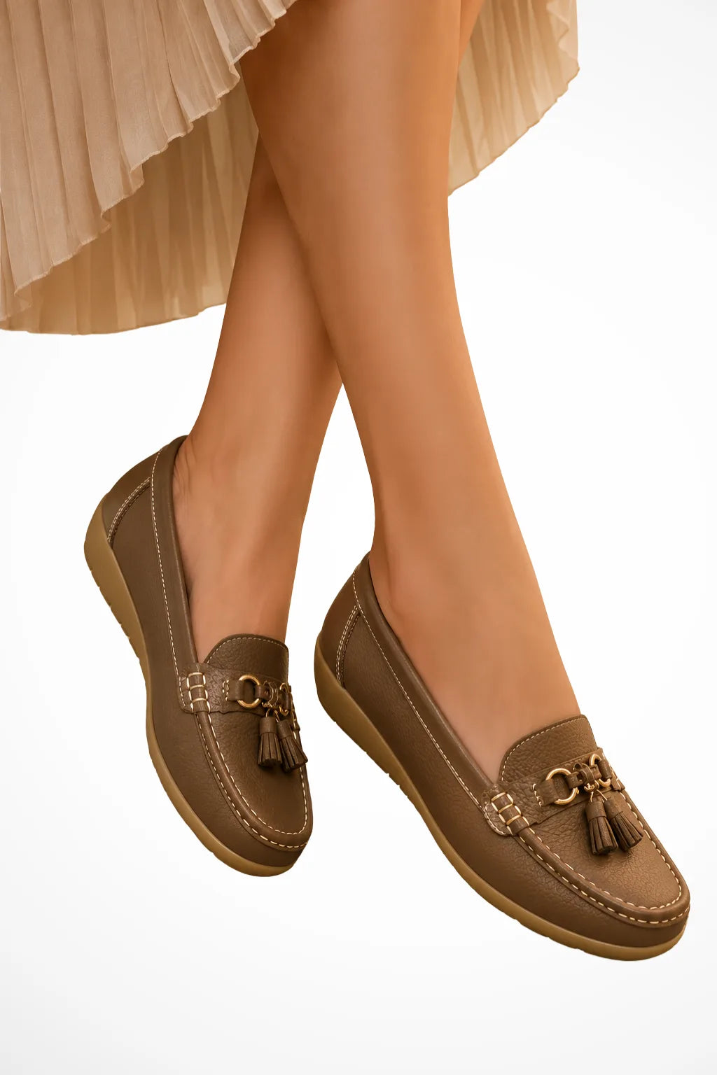 Khaki tassel detail loafer, front view