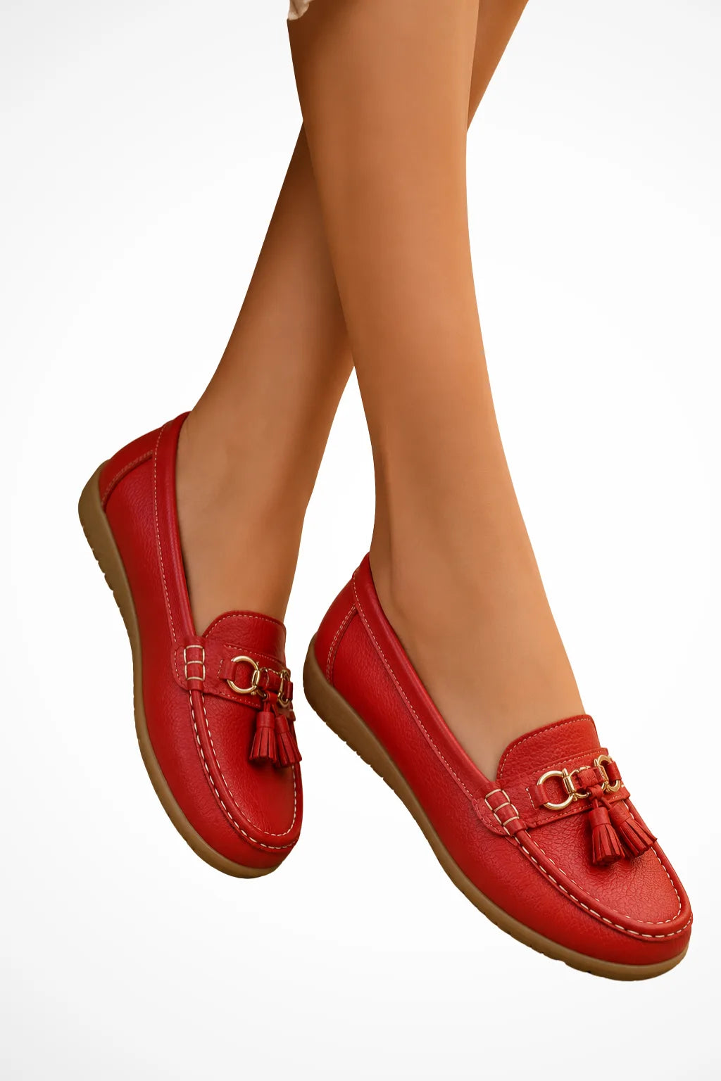 Red tassel detail loafer, front view
