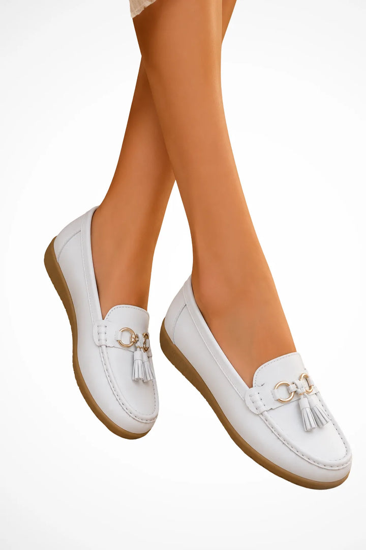 White tassel detail loafer, front view