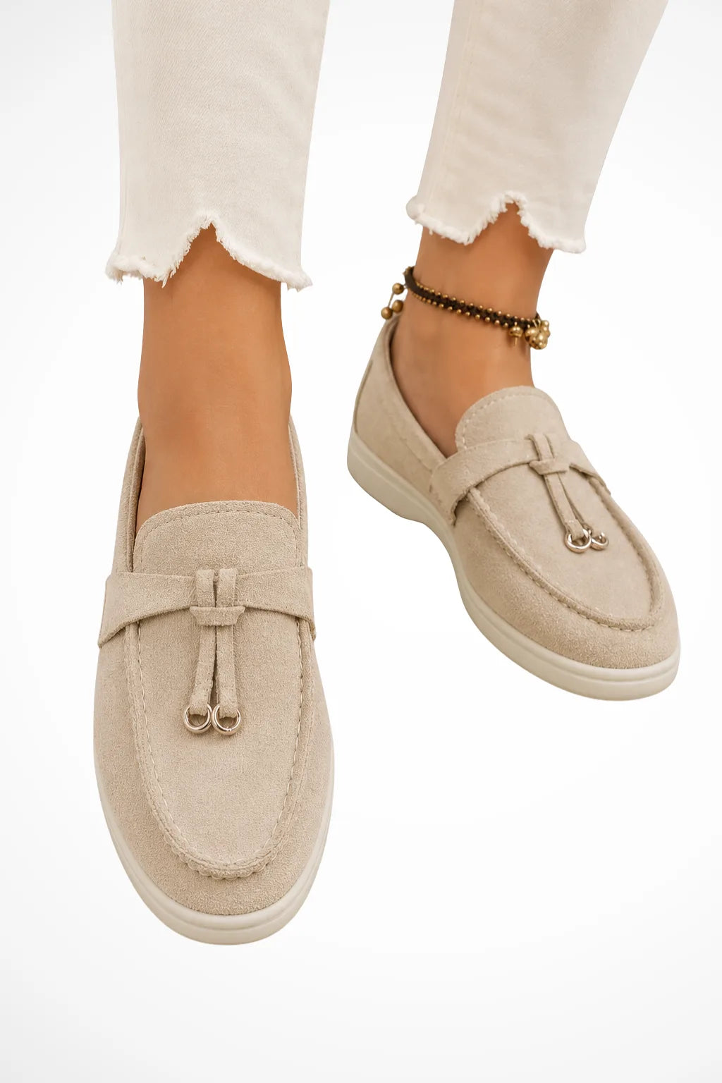 Khaki tassel detail loafer, front view