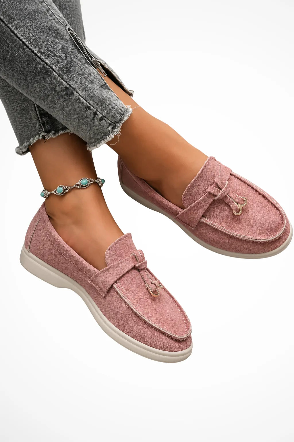 Pink tassel detail loafer, front view